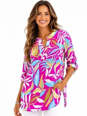 Dearest Scarlett Women's Pink Tropical Print Tunic Top (Size:XL)